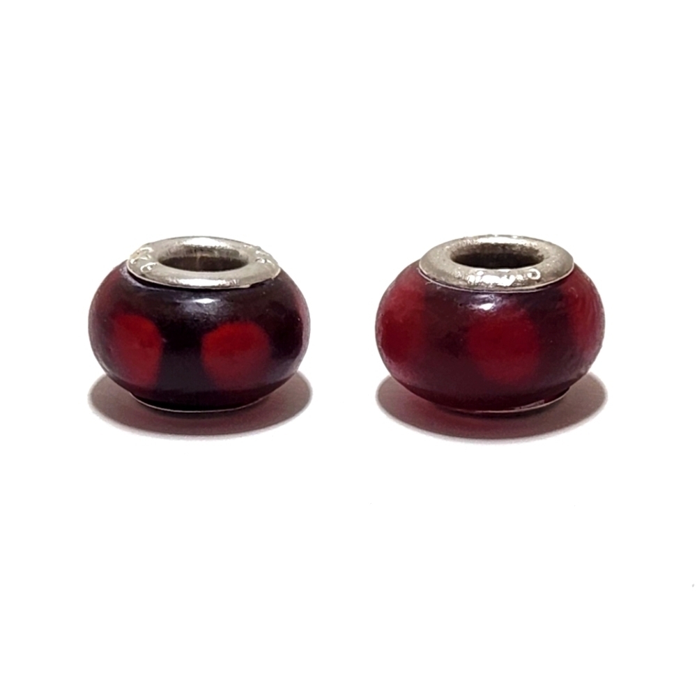 Pandora Style Murano Glass Bead Spacer 925 Sterling Silver Burgundy Polka Dots